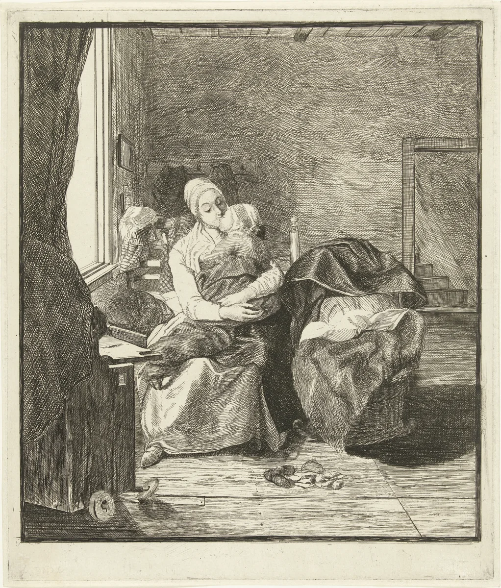 Moeder met slapend kind voor het raam by Louis Bernard Coclers, print, 1756-1817