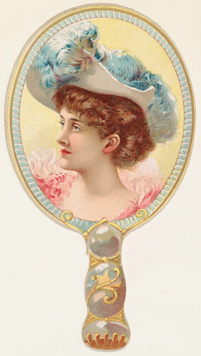 Hand mirror with woman in blue feathered hat, from the Novelties series (N122) issued by Gail & Ax Tobacco to promote Navy Long Cut by Gail & Ax Tobacco, print, 1889