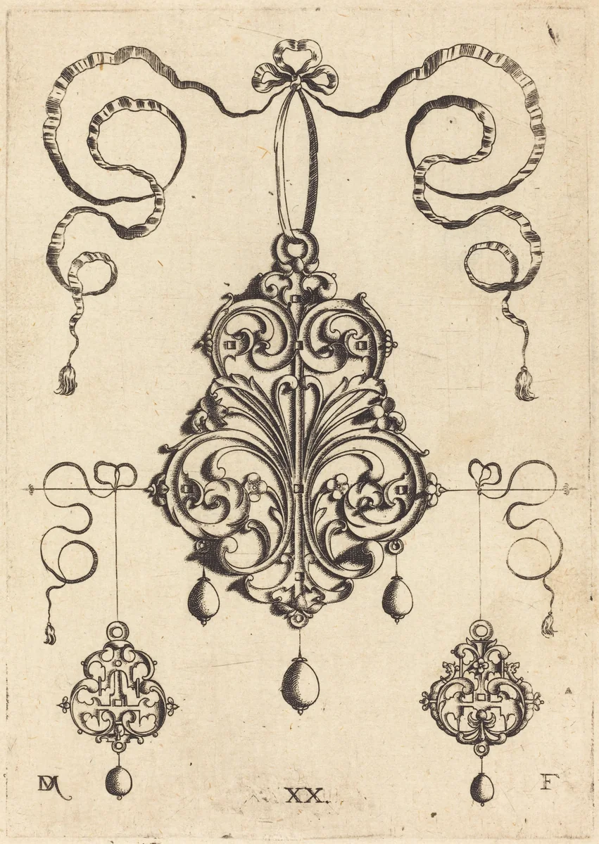 One Large and Two Smaller Strapwork Pendants by Daniel Mignot, print, 1516-1653