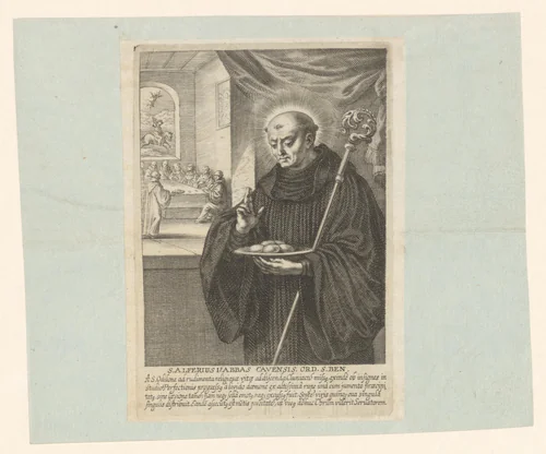 H. Alferius zegent een schaal met brood by Bartholomäus Kilian, print, 1640-1696