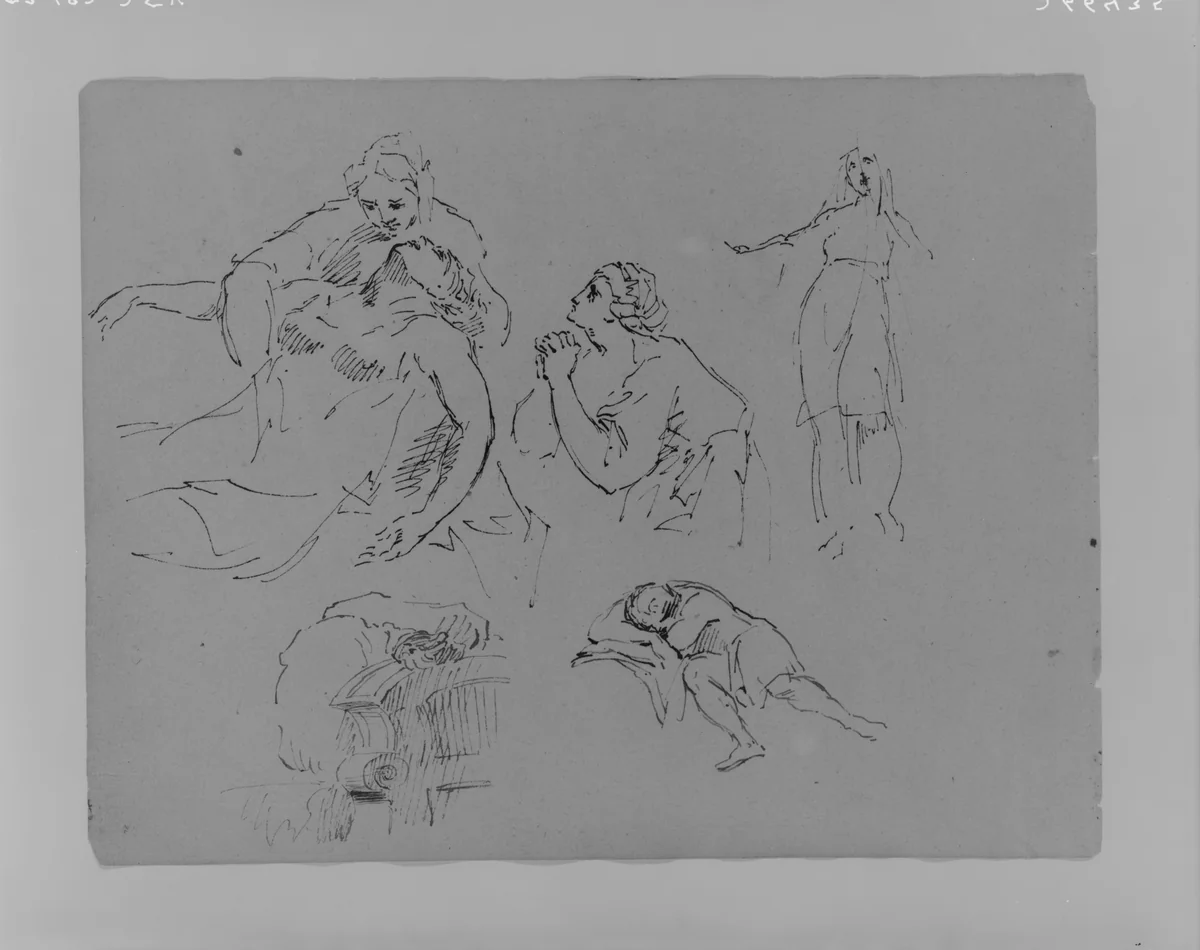 Dying Figure in the Arms of a Woman; Praying Woman; Standing Woman; Architectual Detail; Sleeping Figure (from Sketchbook) by Thomas Sully, artwork, 1810-1820