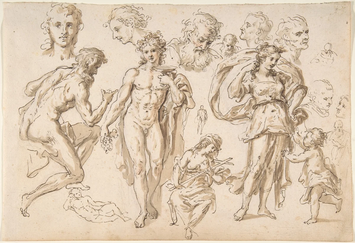 Figure and head-studies (including Bacchus) (recto); four main figure studies repeated from the recto (verso) by Bartholomaeus Ignaz Weiss, drawing, 1745-1815