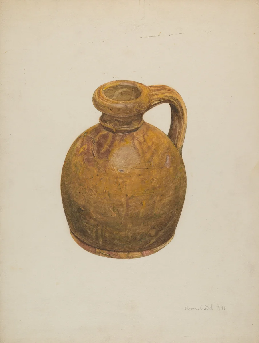 Yellow Stoneware Jug by Herman Stroh, index of american design, 1941