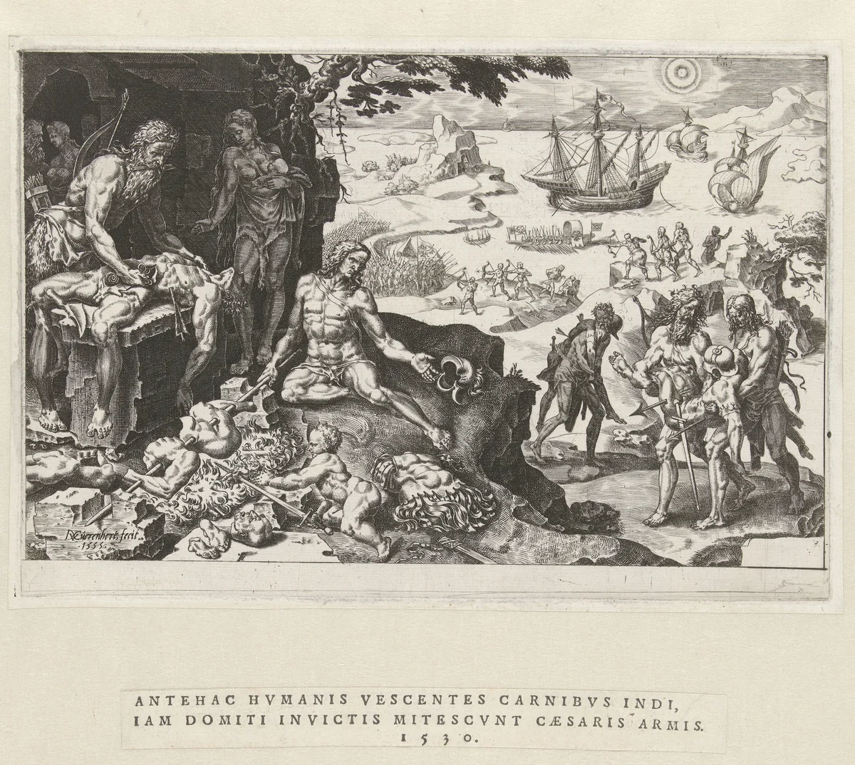 Keizerlijke troepen van Karel V vallen Centraal-Amerika binnen, 1530 by Unknown, print, 1555