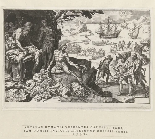 Keizerlijke troepen van Karel V vallen Centraal-Amerika binnen, 1530 by Unknown, print, 1555