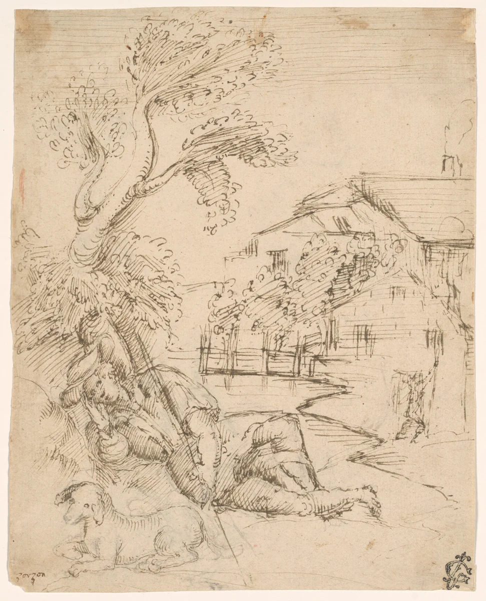 Landscape with a Shepherd in Repose by The Veneto, drawing, 1536-1570