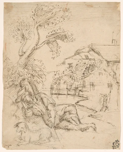 Landscape with a Shepherd in Repose by The Veneto, drawing, 1536-1570