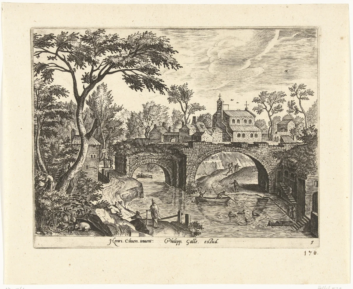 Landschap met ruïnes van een brug by Adriaen Collaert, print, 1587