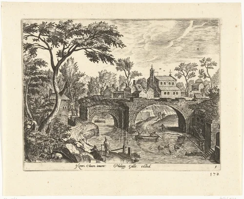 Landschap met ruïnes van een brug by Adriaen Collaert, print, 1587