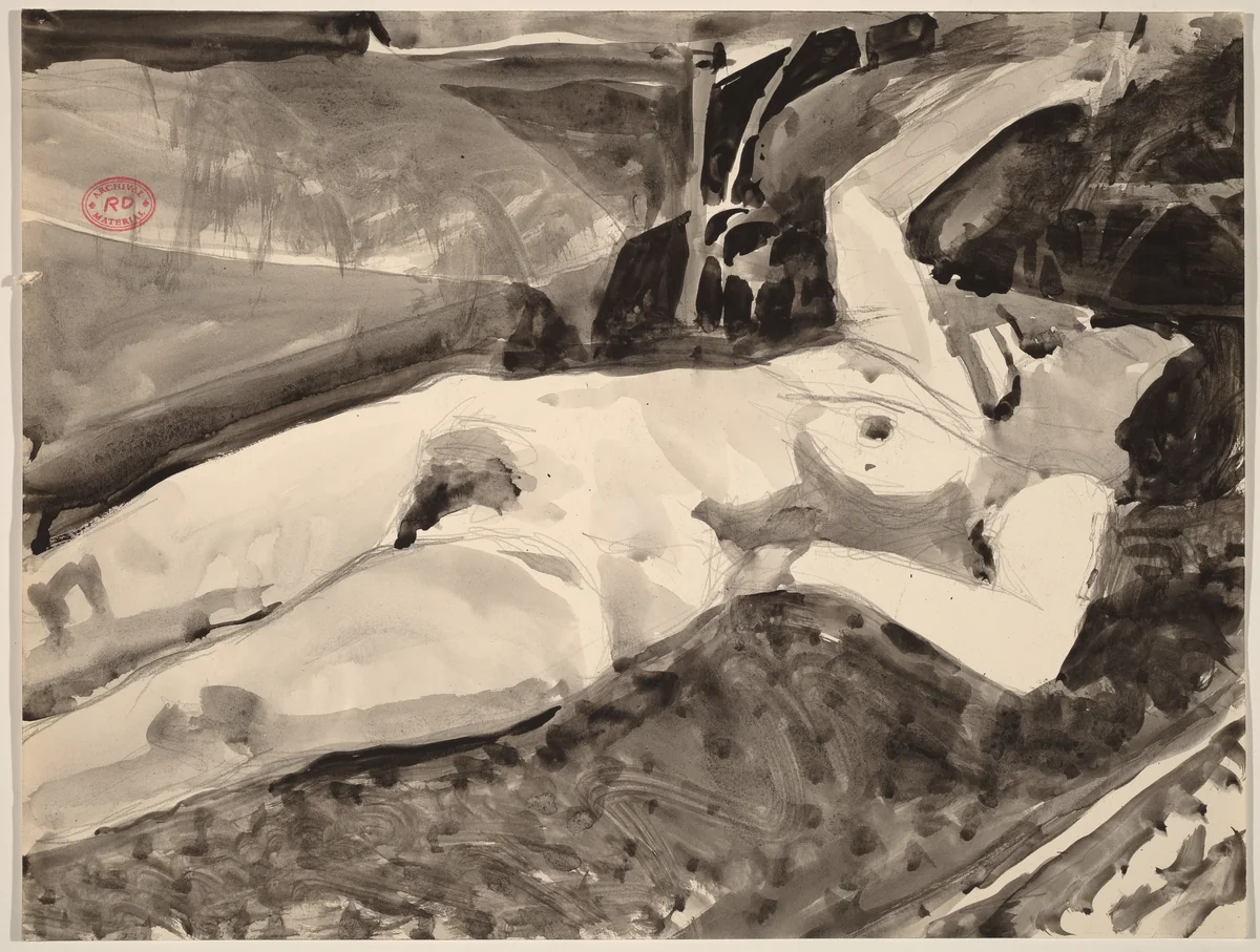 Untitled [reclining nude with her right arm raised] by Richard Diebenkorn, drawing, 1955-1967