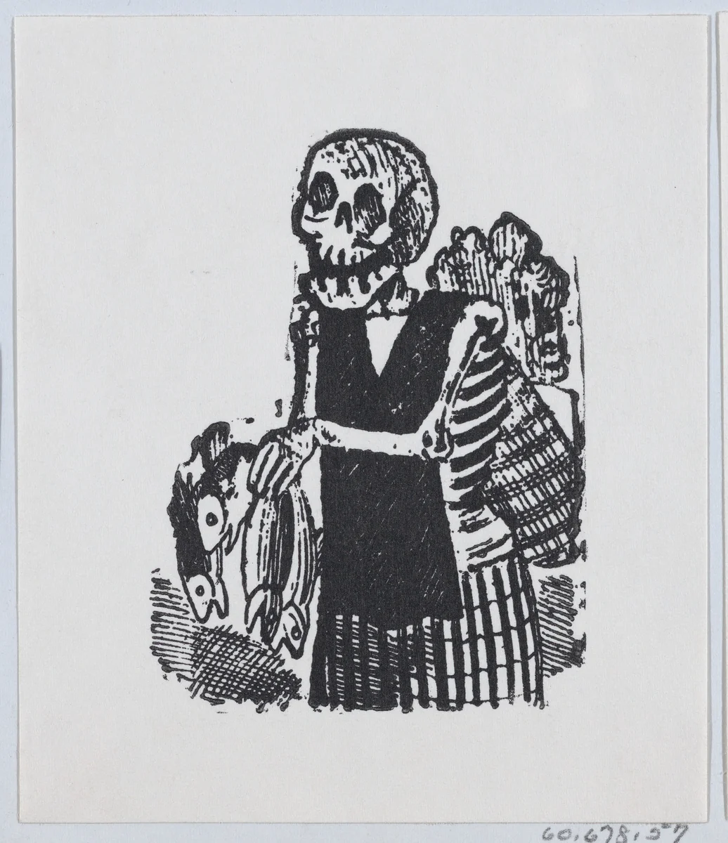 A skeleton selling fish from a broadside entitled 'Una Calavera Chusca' by José Guadalupe Posada, print, 1875-1885