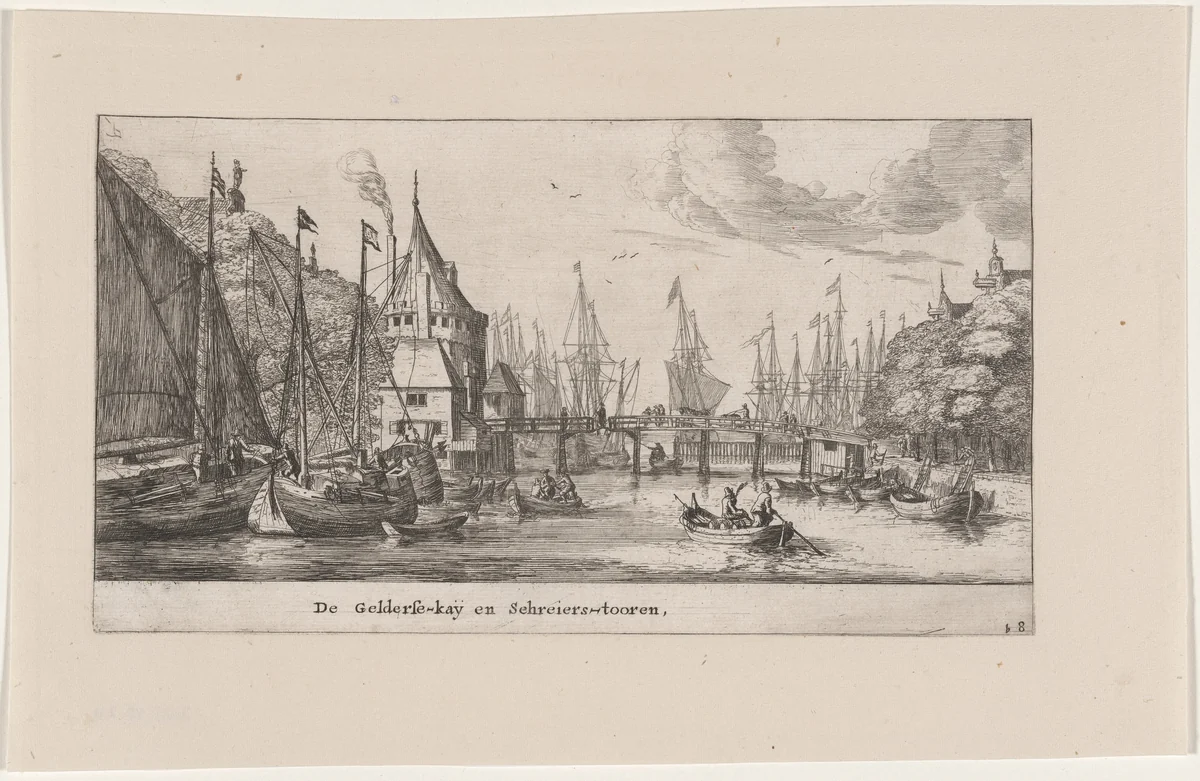 The Gelderse Quay and the Schreiers Tower, Amsterdam by Reinier Nooms, print, 1647-1657