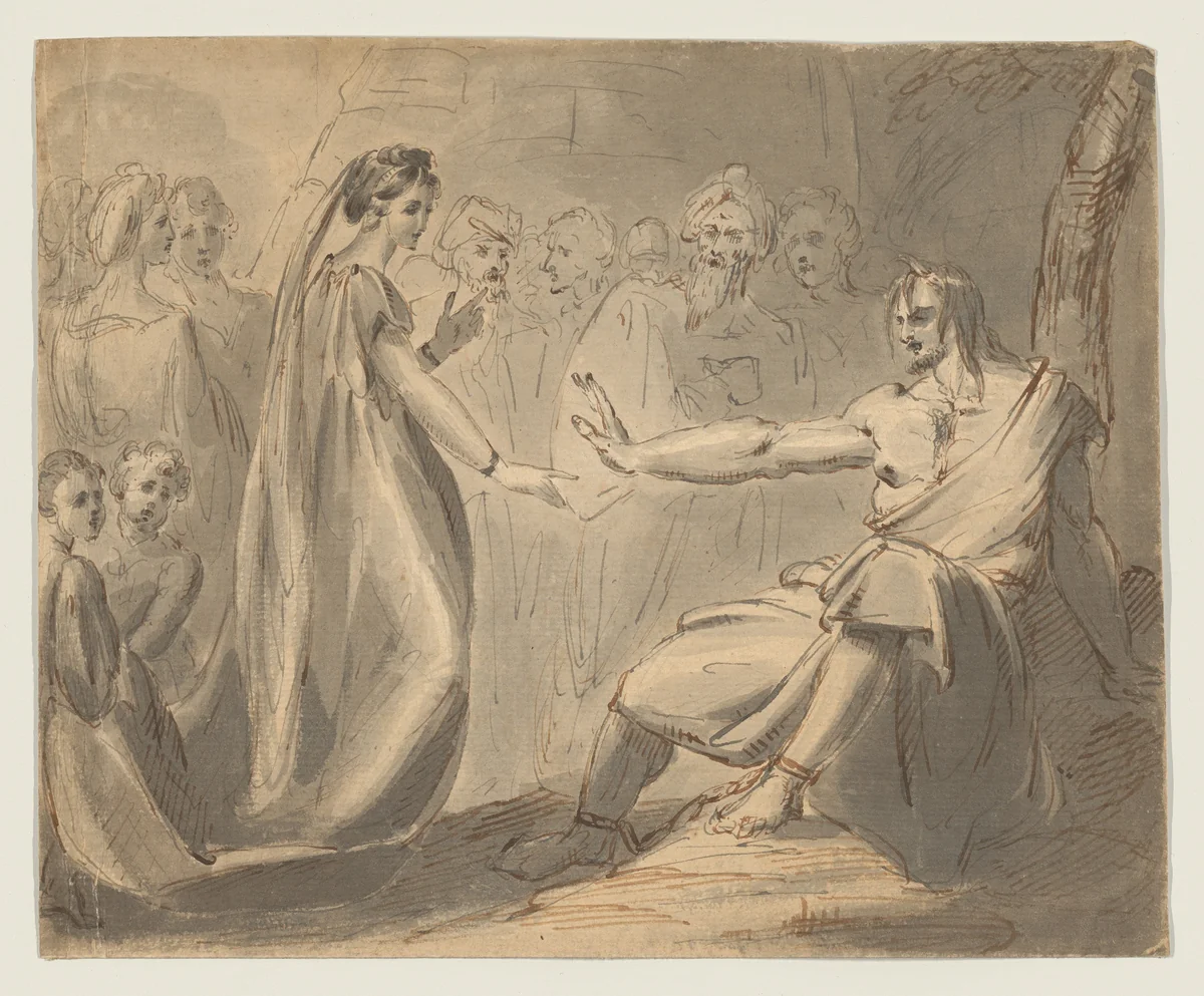 A man in chains converses with a woman by William Hamilton, drawing, 1770-1780