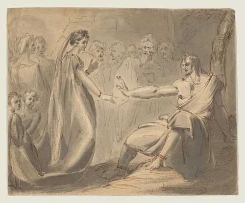 A man in chains converses with a woman by William Hamilton, drawing, 1770-1780