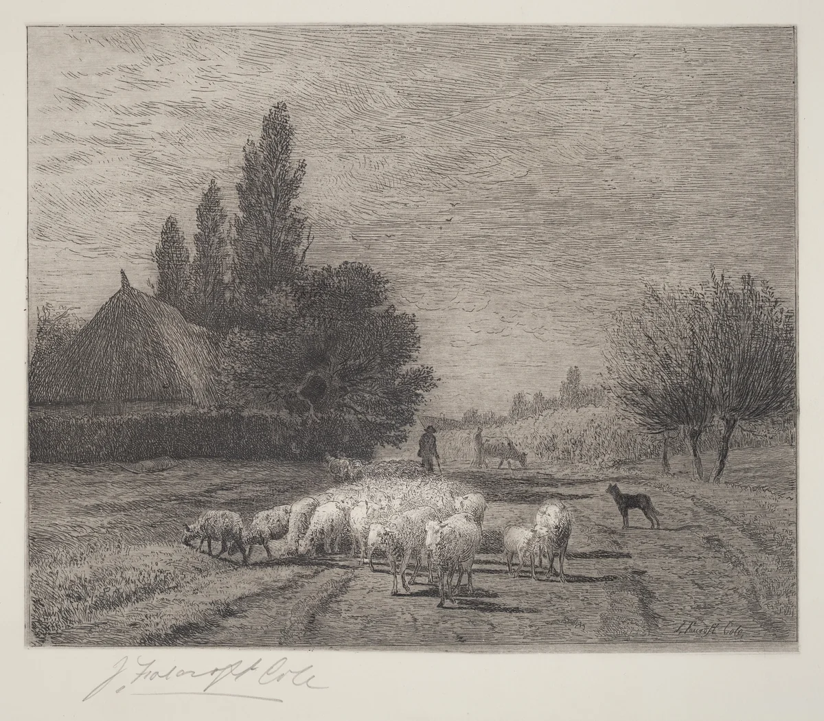Village Street in France With a Flock of Sheep by Joseph Foxcroft Cole, print, 1866