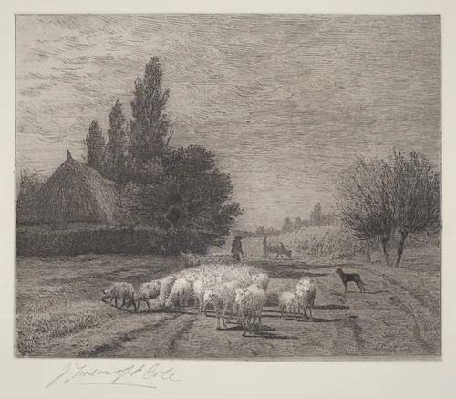 Village Street in France With a Flock of Sheep by Joseph Foxcroft Cole, print, 1866