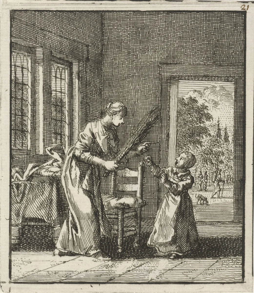 Moeder dreigt haar kind te straffen met roedeslagen by Jan Luyken, print, 1712
