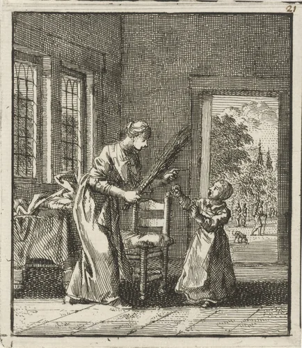 Moeder dreigt haar kind te straffen met roedeslagen by Jan Luyken, print, 1712