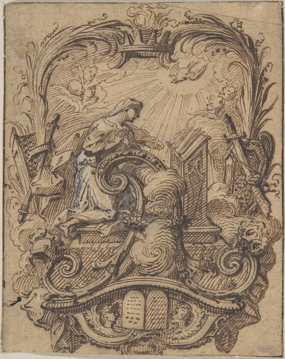 Study for a Decorated Initial A with the Annunciation by Gilles Marie Oppenord, drawing, 1672-1742