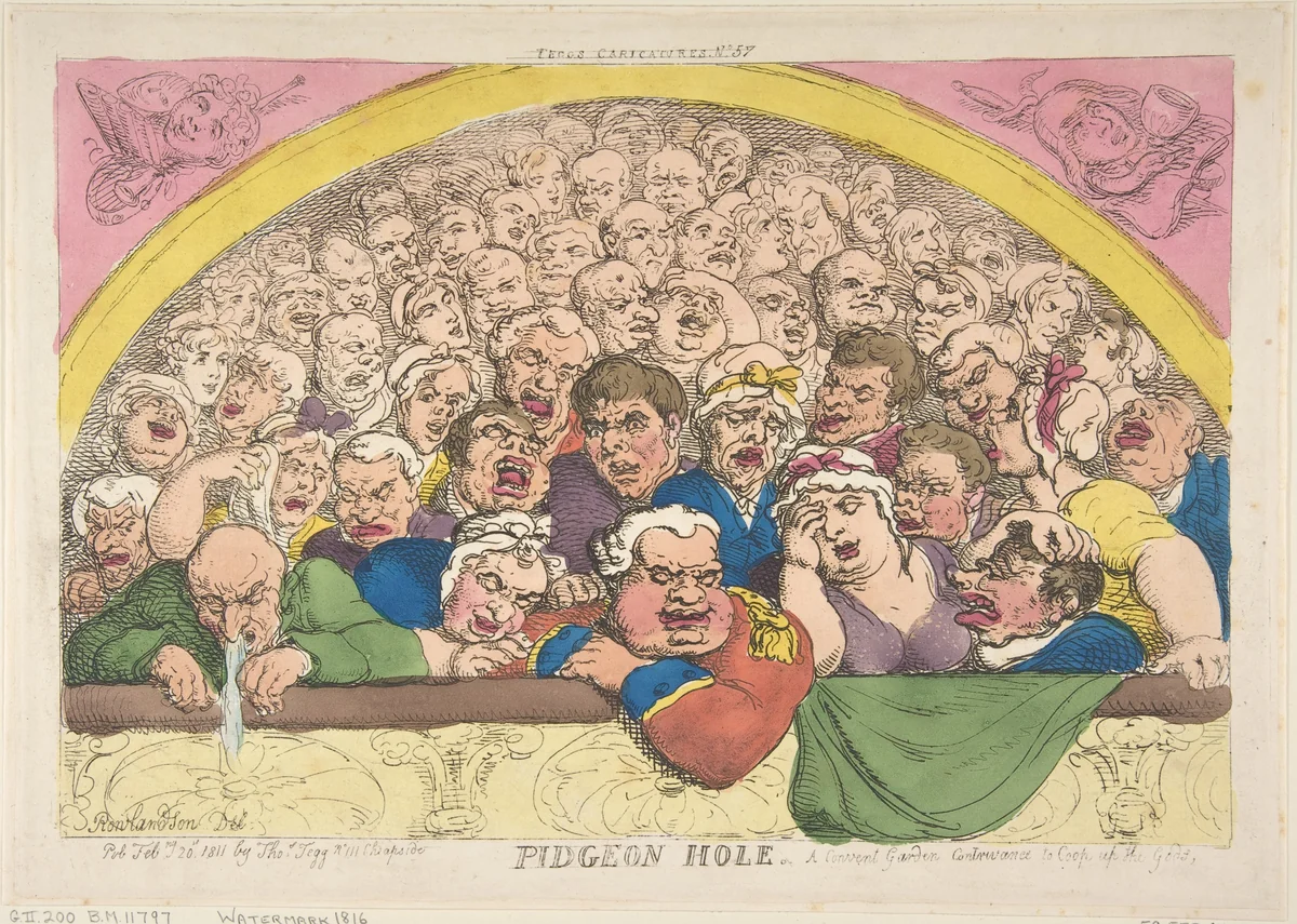 Pidgeon Hole. A Convent Garden Contrivance to Coop up the Gods by Thomas Rowlandson, print, 1811