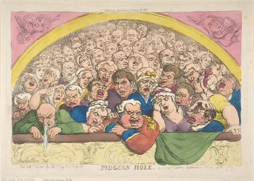 Pidgeon Hole. A Convent Garden Contrivance to Coop up the Gods by Thomas Rowlandson, print, 1811