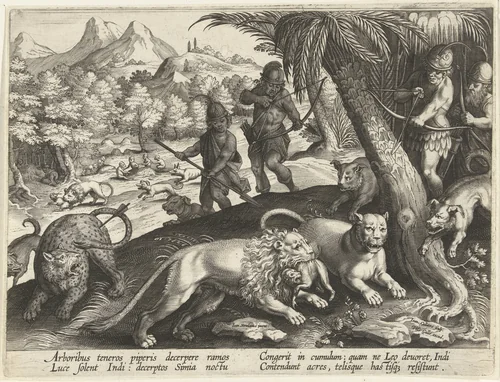 Jacht op leeuwen en luipaarden met pijl en boog by Unknown, print, 1594-1598
