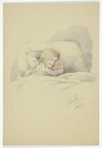 Child Asleep (recto), and Fishermen on Dock (verso) by Elizabeth Murray, painting, 1847
