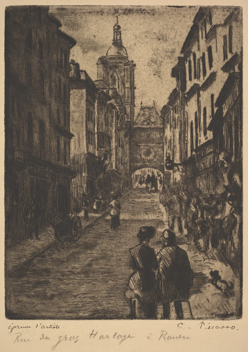 The Street of the Grand Clock, Rouen by Camille Pissarro, print, 1885