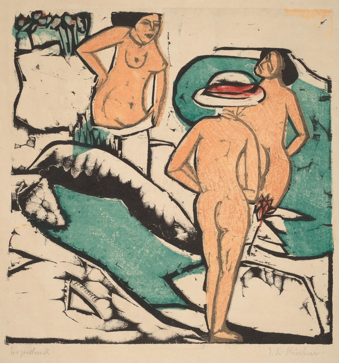 Women Bathing Between White Stones (Badende Frauen Zwischen Weissen Steinen) by Ernst Ludwig Kirchner, print, 1912
