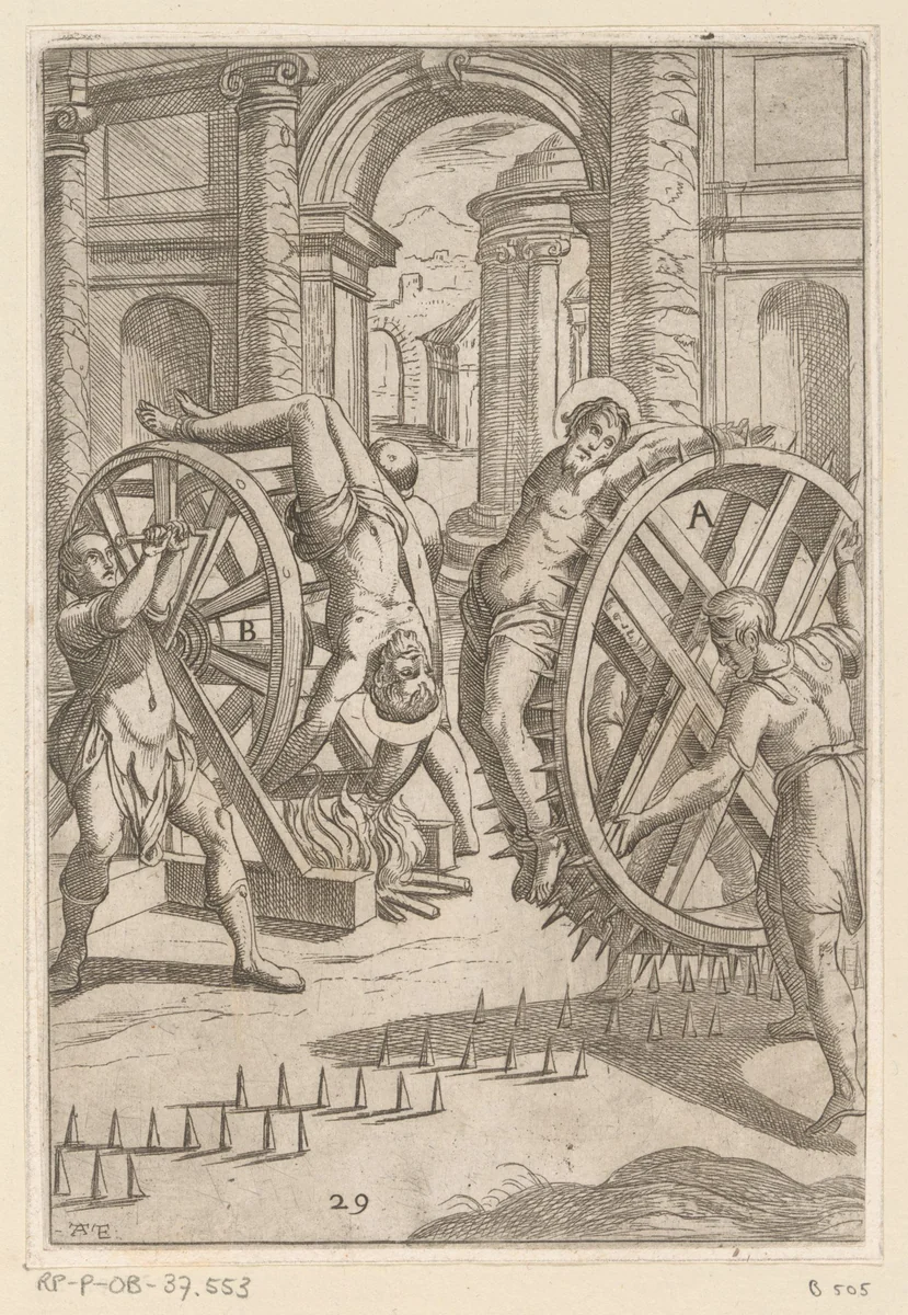 Foltering met wiel met scherpe punten en vlammen by Unknown, print, 1565-1630