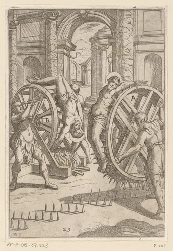 Foltering met wiel met scherpe punten en vlammen by Unknown, print, 1565-1630