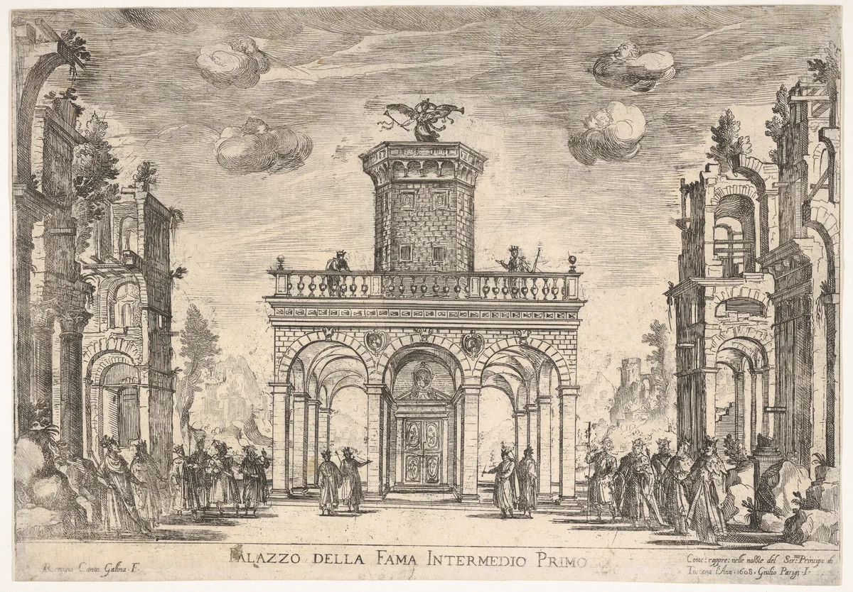 First interlude: palace of fame (Intermedio sesto: palazzo della fama), from "Seven Interludes for the wedding celebration of Cosimo de' Medici in Florence, 1608" by Remigio Cantagallina, print, 1608