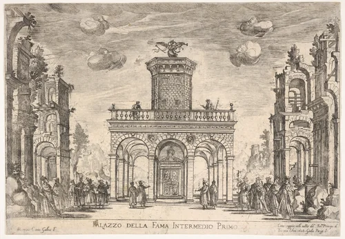 First interlude: palace of fame (Intermedio sesto: palazzo della fama), from "Seven Interludes for the wedding celebration of Cosimo de' Medici in Florence, 1608" by Remigio Cantagallina, print, 1608