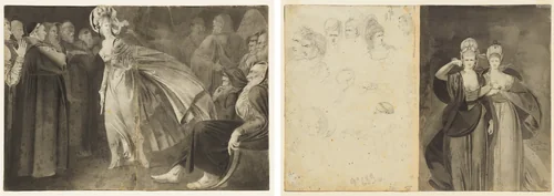 Woman Standing among the Friars (recto) Sketches of Heads (verso, left); Two Women (verso, right) by John Brown, drawing, 1765-1780