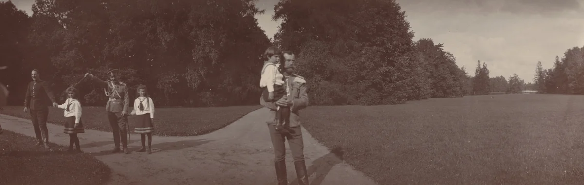 Tsar Nicholas II Holding Tsarevich Alexis, with Grand Duchesses Olga and Tatiana, Ropsha by Unidentified Photographer, photograph, 1907