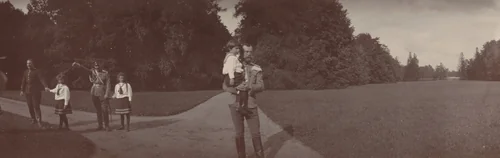 Tsar Nicholas II Holding Tsarevich Alexis, with Grand Duchesses Olga and Tatiana, Ropsha by Unidentified Photographer, photograph, 1907
