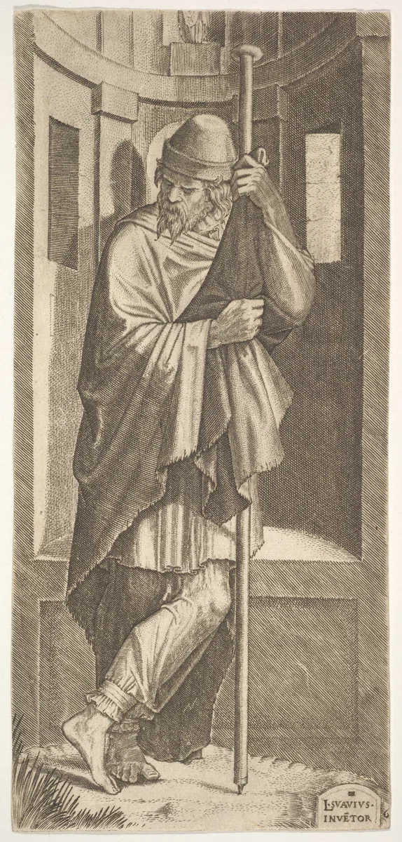 St. James Major leaning on a pole before a niche, from "Christ and the Twelve Apostles" by Lambert Suavius, print, 1545