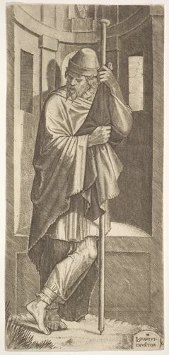 St. James Major leaning on a pole before a niche, from "Christ and the Twelve Apostles" by Lambert Suavius, print, 1545