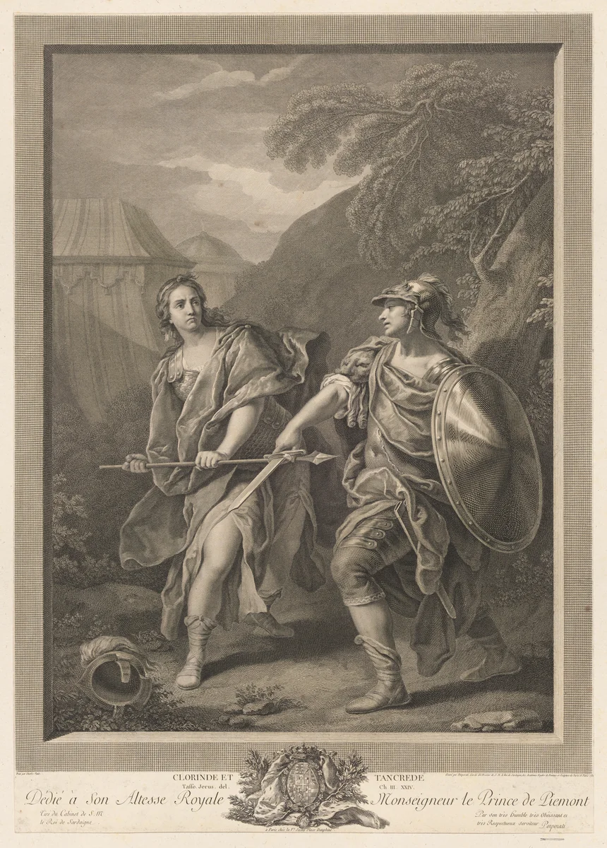 Clorinda attacking Tancred with a spear, Tancred blocking her with his sword by Carlo Antonio Porporati, print, 1782