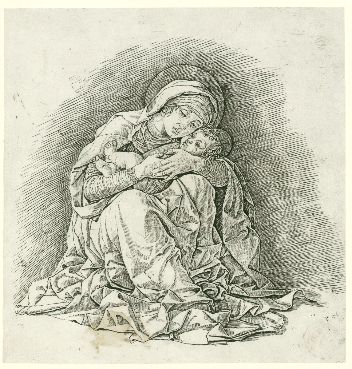 Zittende Maria met kind by Andrea Mantegna, print, 1465-1475