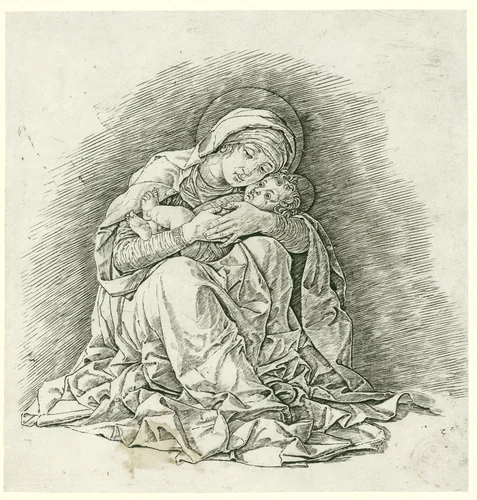 Zittende Maria met kind by Andrea Mantegna, print, 1465-1475