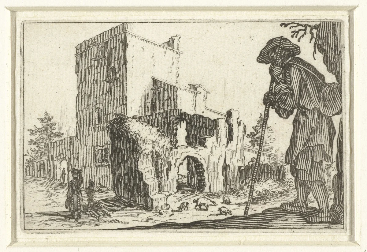 Man met tas en wandelstok bij ruïne by Jacques Callot, print, 1621