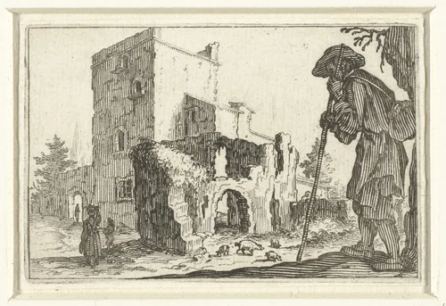 Man met tas en wandelstok bij ruïne by Jacques Callot, print, 1621
