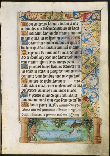 Leaf from a Book of Hours: Ape Fishing (verso) by Unknown, manuscript, 1495-1515