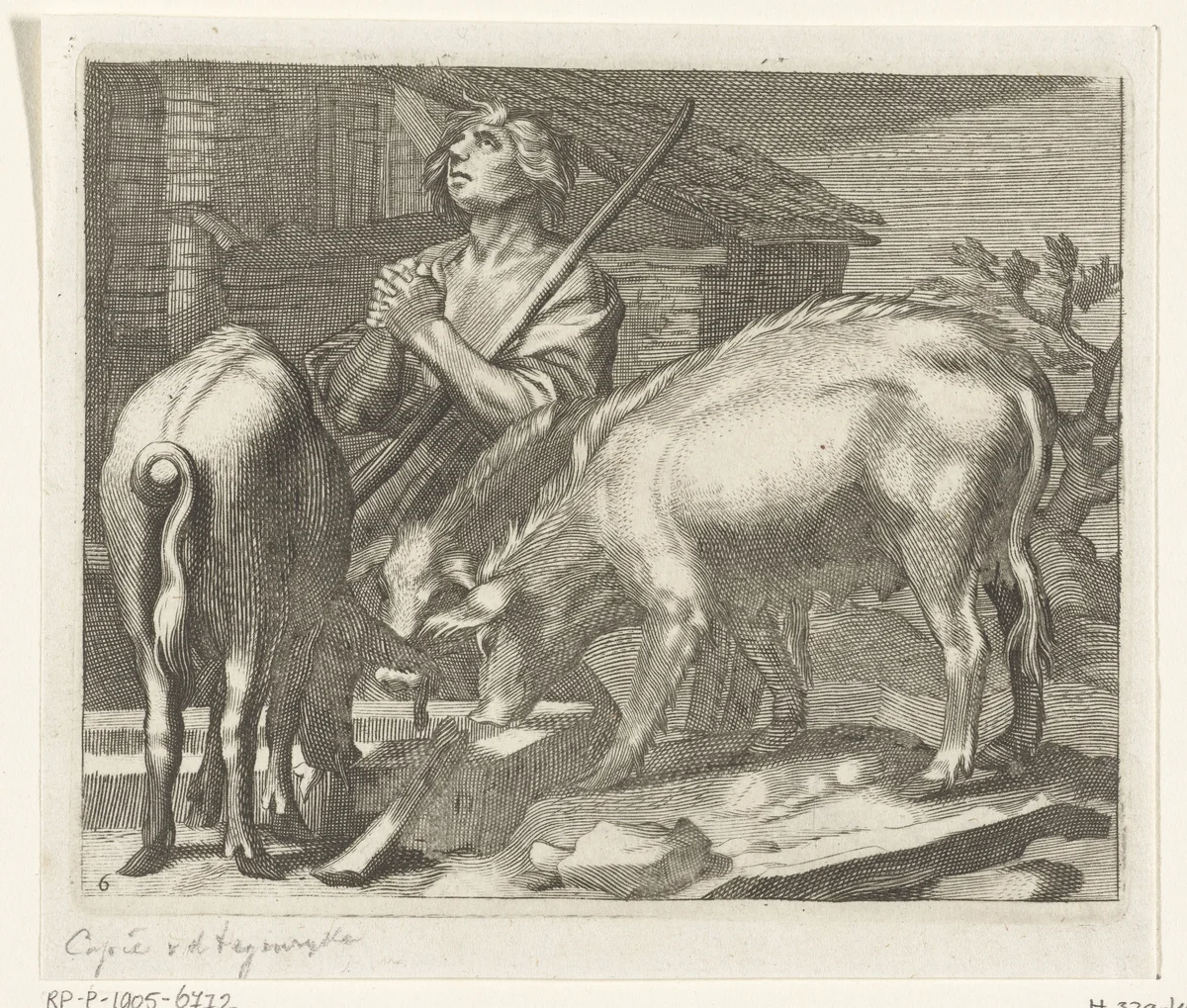 Verloren zoon als varkenshoeder met varkens bij trog by anonymous, print, 1611-1661