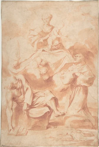 The Virgin and Child Appearing to Saint Anthony of Padua and a Hermit by Giovanni Angelo Canini, drawing, 1615-1666