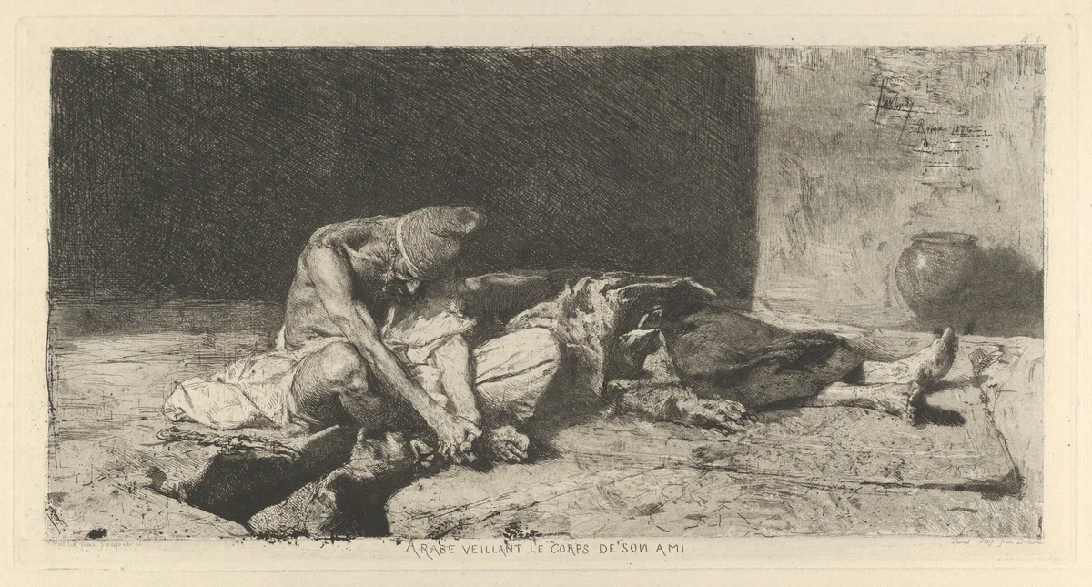 An Arabic man keeping watch over the dead body of his friend by Mariano Fortuny, print, 1866