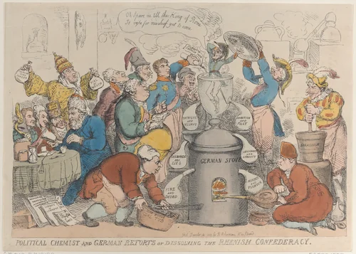 Political Chemist and German Retorts or Dissolving the Rhenish Confederacy by Thomas Rowlandson, print, 1813
