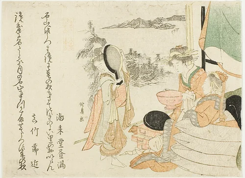 Beauty of Spring Moon Looking at the Mirror, one of the series of eight views by Teisai Hokuba (蹄斎北馬), print, 1801-1842