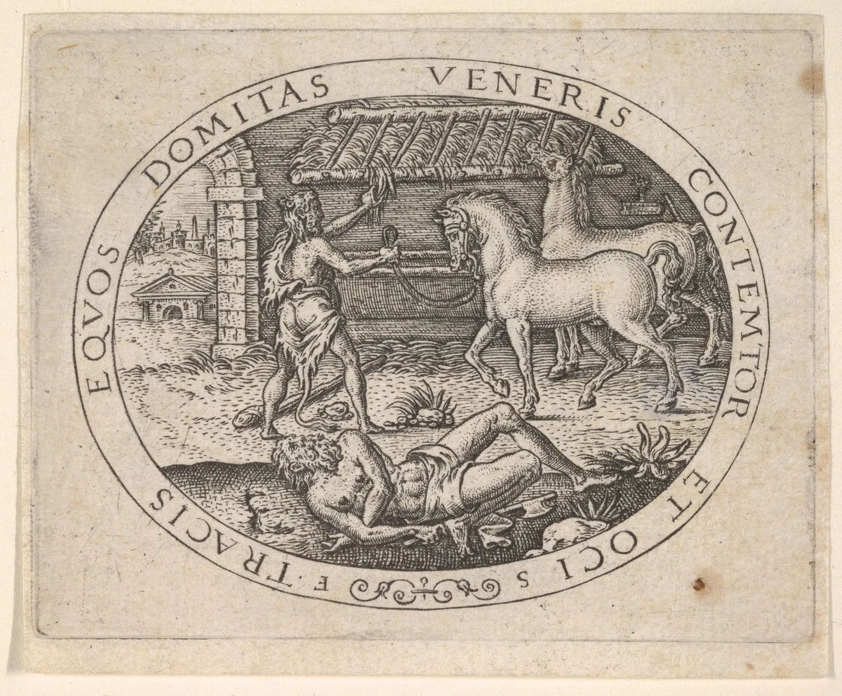 Hercules Stealing the Horses of Diomedes by Etienne Delaune, print, 1540-1583